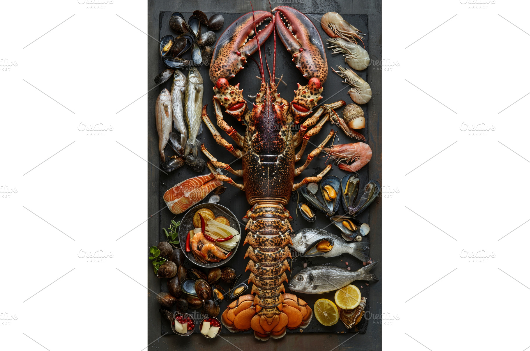 Whole lobster with seafood, crab, a Food & Drink Photo by Neirfy
