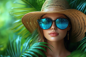 Woman with a straw hat and sunglasses enjoys a summer day amid lush greenery., a Person Photo by AlyaAnd