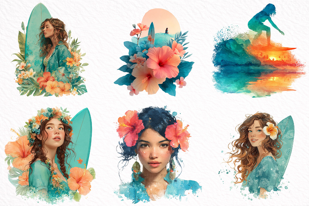 Aloha Surfing Girl Clipart, an Illustration by DreamArtGraphic (Photo 5 of 8)