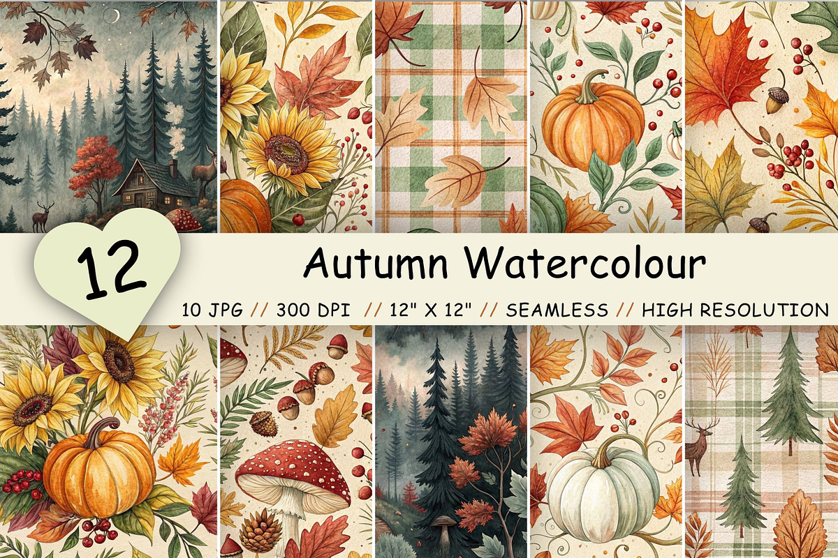 Autumn Watercolour Digital Paper, a Pattern Graphic by FloridPrintables (Photo 1 of 8)