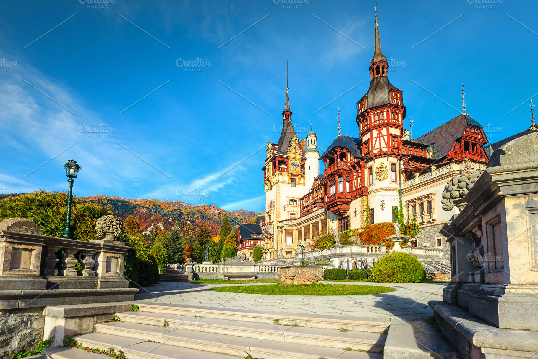 Spectacular frontage of Peles castle, an Architecture Photo by Alpine Dreams