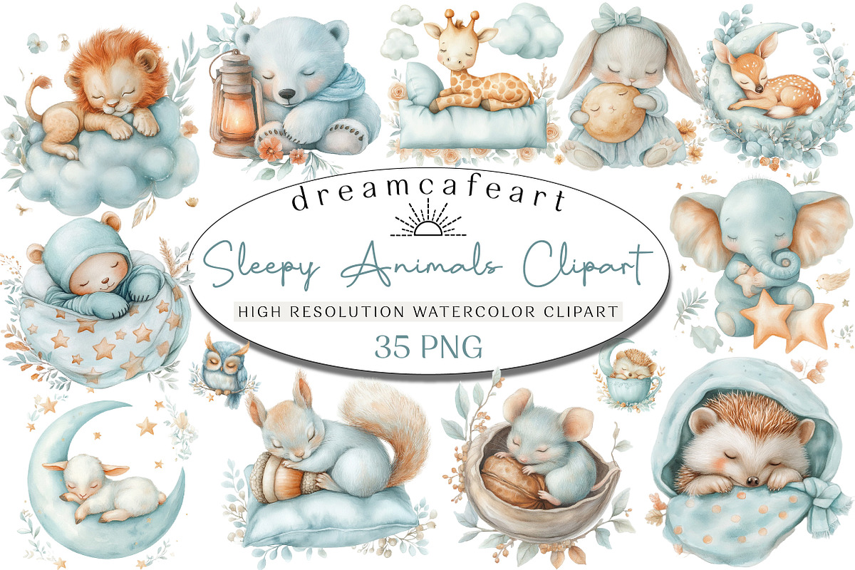 Watercolor Sleepy Animals Clipart, an Illustration by DreamCafeArt (Photo 1 of 6)