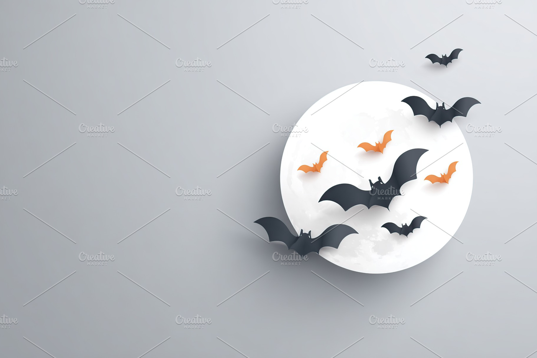Paper-cut bats of various sizes hover above a bright, round moon in a simple an, a Photo by AlyaAnd