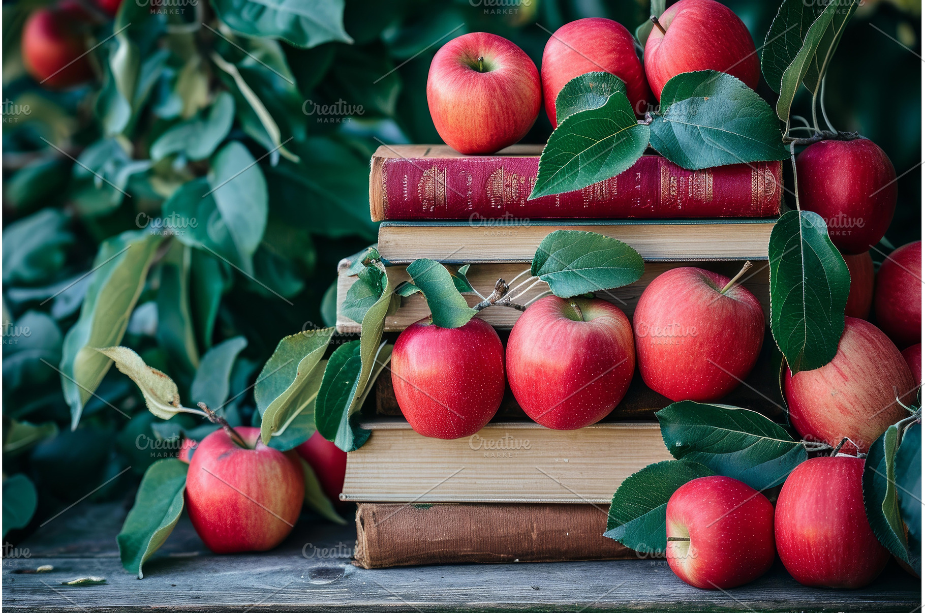 Apples on stacked books amidst, a School & Education Photo by Ylivdesign