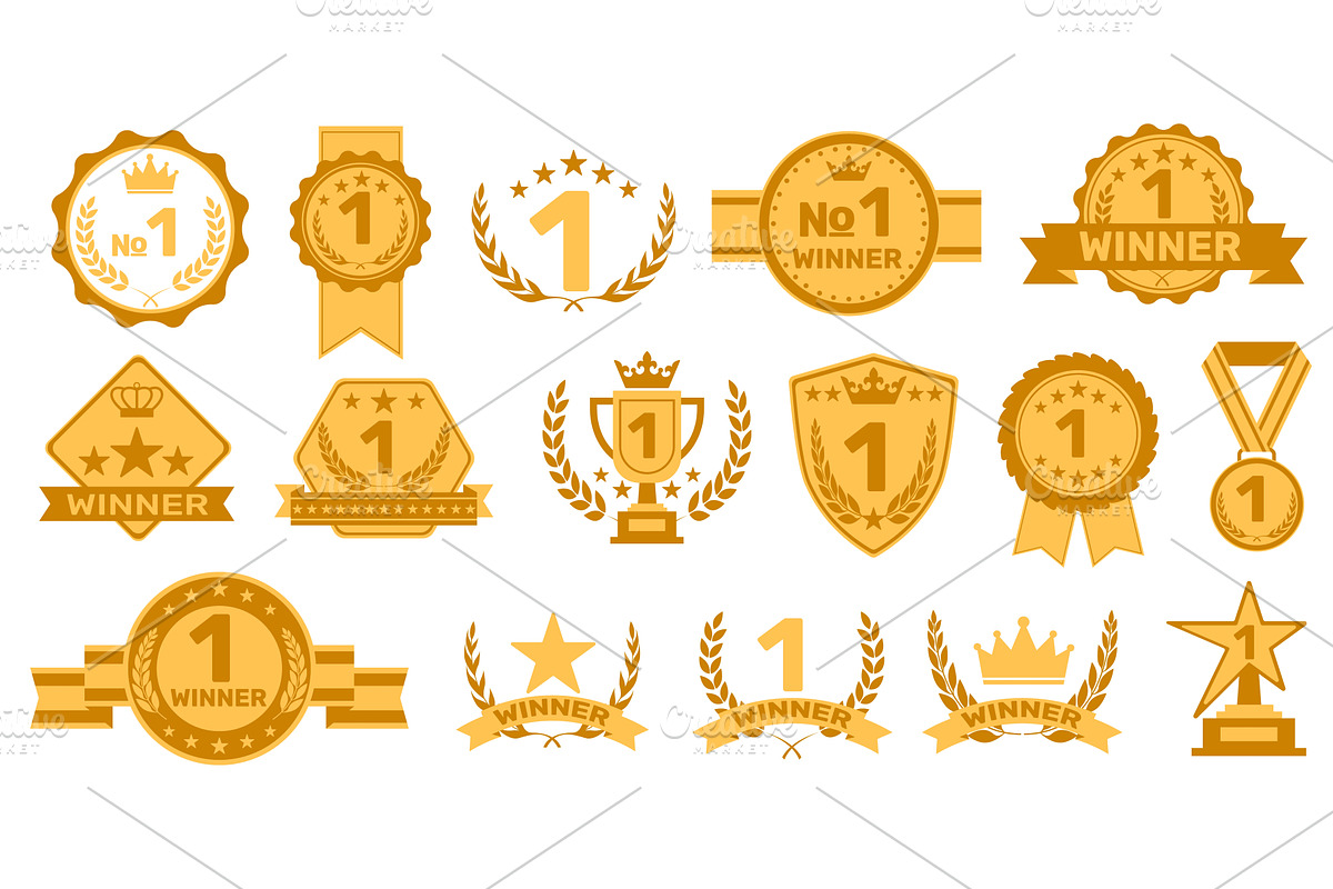 Winner flat labels. Award gold, an Object Illustration by YummyBuum