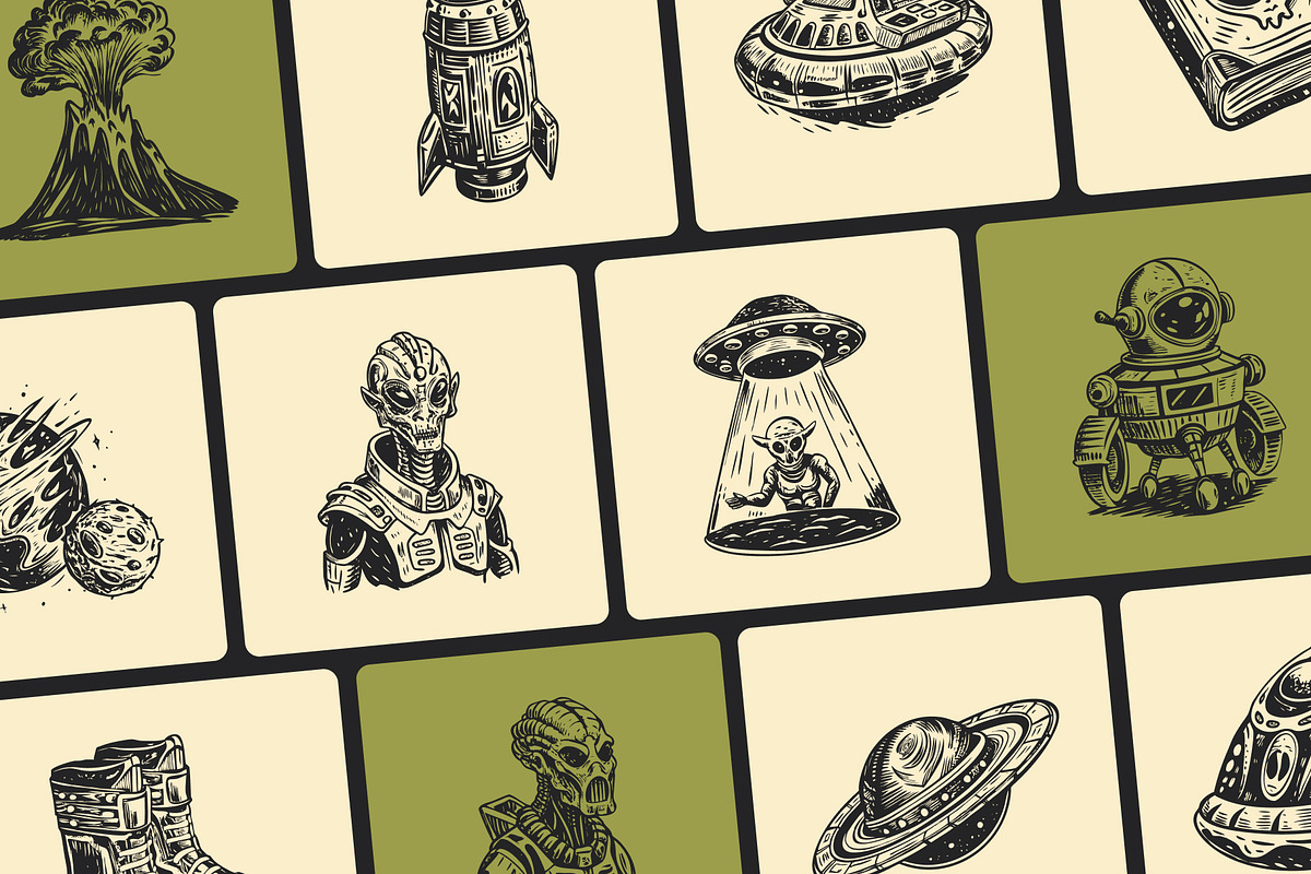 Vintage Alien Illustration Set, a Technology Illustration by Prosymbols (Photo 5 of 10)