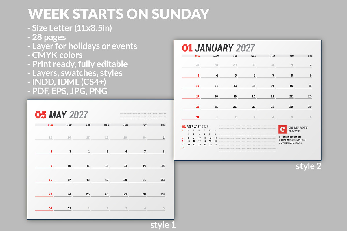 Wall Calendar 2027 (WC037-27-S), a Stationery Template by mikhailmorosin (Photo 2 of 6)