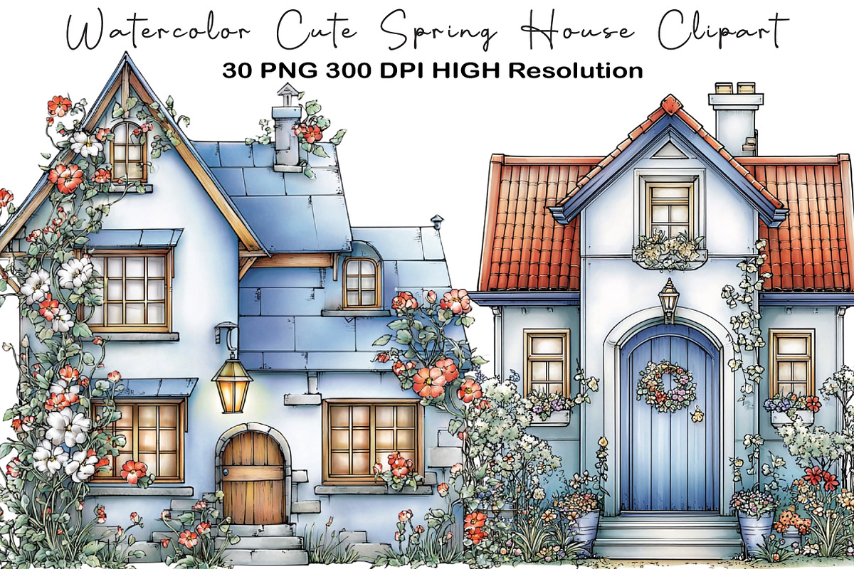 Watercolor Cute Spring House Clipart, an Illustration by Black Bird Studio (Photo 1 of 5)