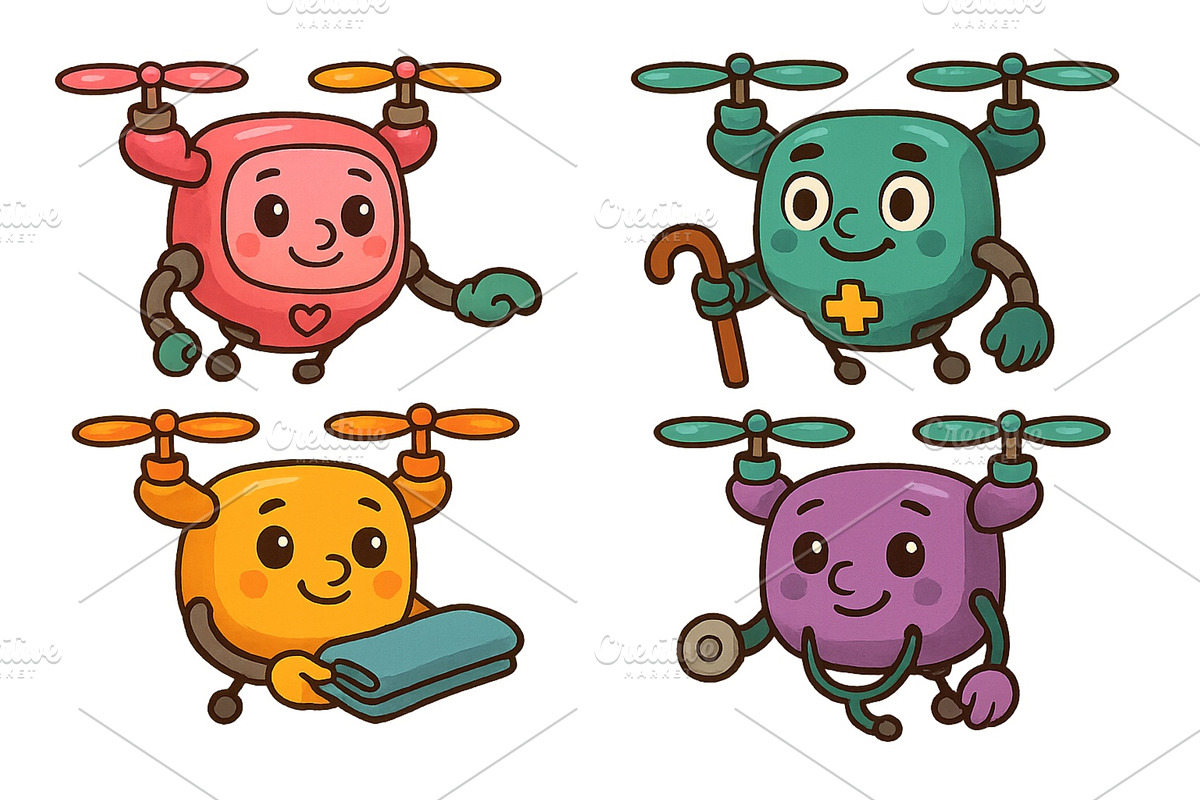 Colorful and friendly robotic drones, an Illustration by ZinetroN