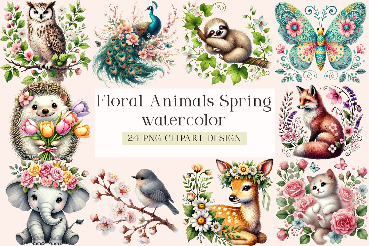 Floral Animals Clipart, Spring Clipa, an Illustration by DreamArtGraphic (Photo 1 of 5)