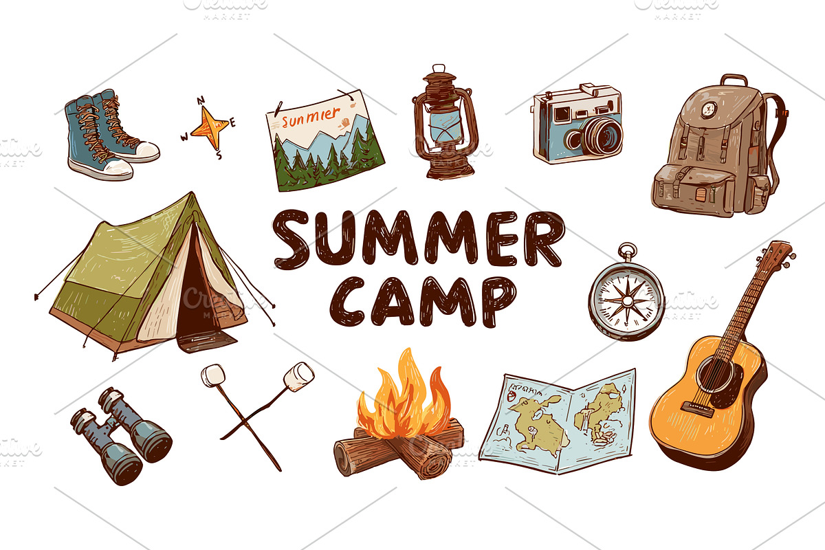 Camp gear hand drawn. Hiking, an Animal Illustration by Stock-Smart-Start