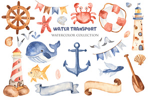 Water Transport. Watercolor Set.