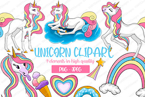 Cute Unicorn Clipart PNG,9 Elements