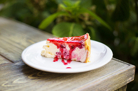 Delicious and beautiful cheesecake with strawberry jam, a Food & Drink Photo by Artsaba Family