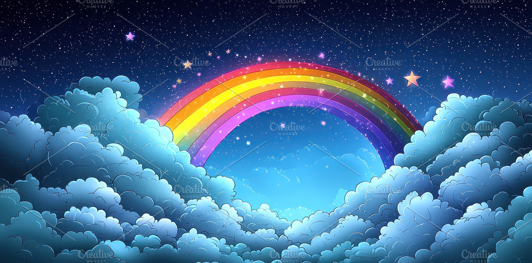 Whimsical rainbow over fluffy clouds in a starry night sky fille, a Background Photo by José Manuel Gelpi