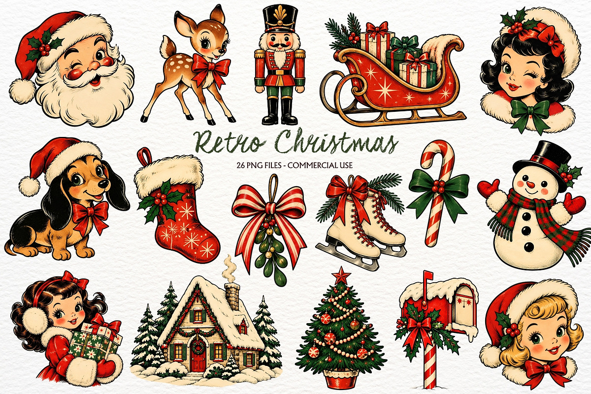 Retro Christmas Clipart Santa Claus, a Seasonal Illustration by SugarCloudStudioArt (Photo 1 of 6)