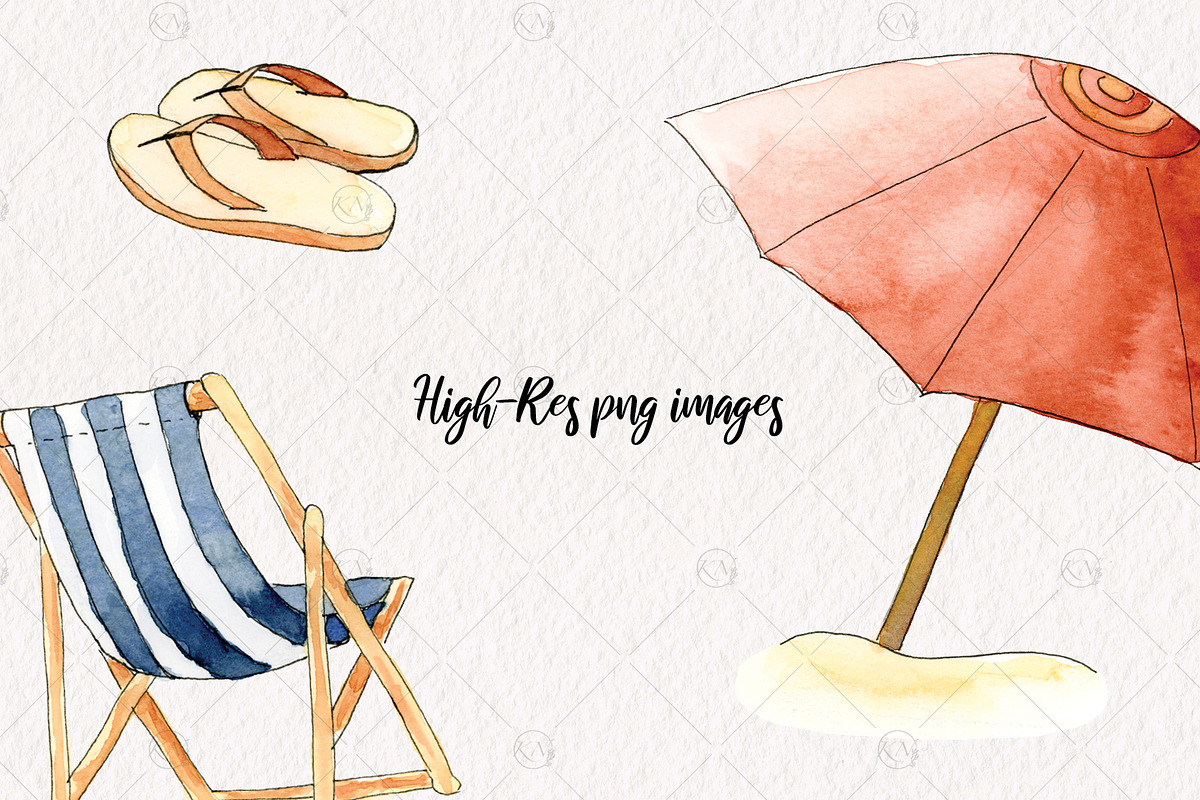 Watercolor Beach Day Graphics, a Food Illustration by Kileen Nicole Art (Photo 3 of 5)