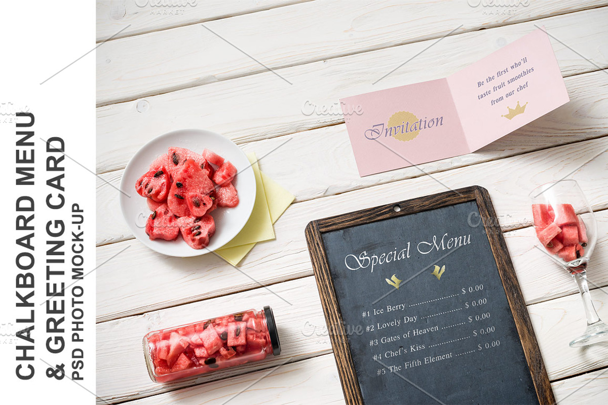 Chalkboard and Greeting Card Mockup, a Mockup by mockupgeek (Photo 1 of 4)