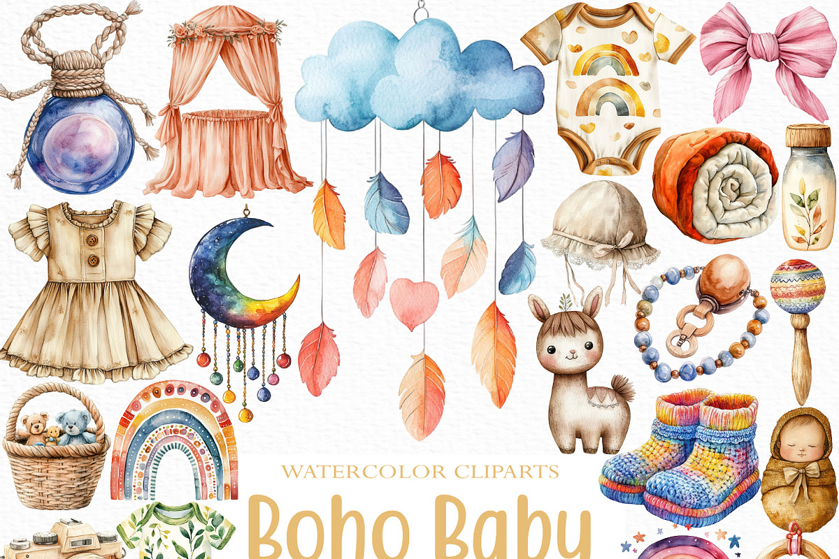 Boho Baby Watercolor Clipart, an Illustration by Craft Nest (Photo 1 of 6)