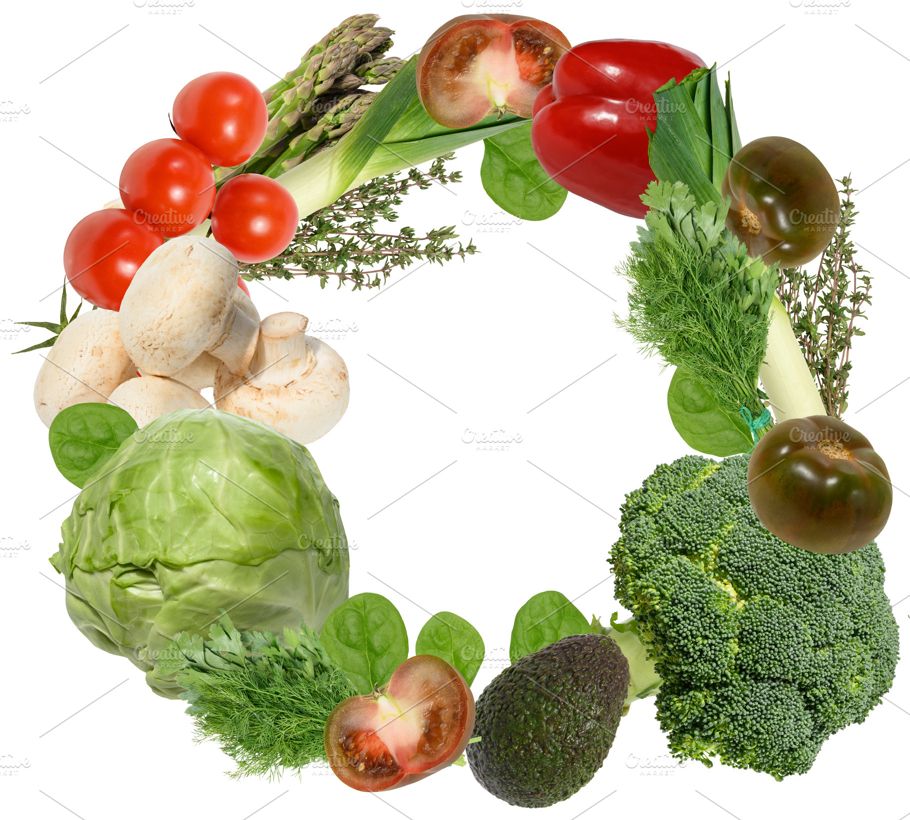 Circular composition of various fresh vegetables and greens on a, a Food & Drink Photo by ndanko