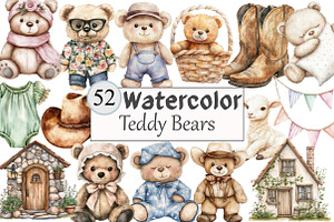 Watercolor Teddy Bears Clipart, a Seasonal Illustration by Design Market