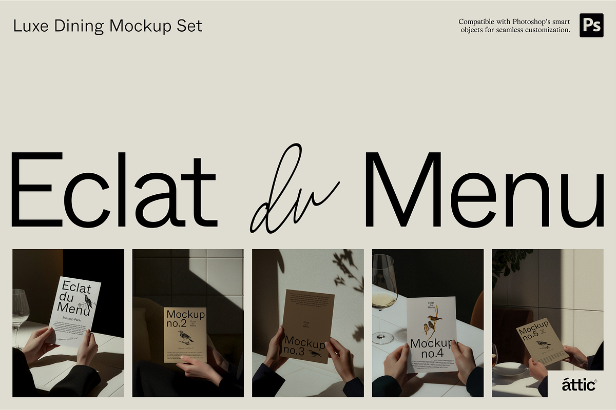 Eclat du Menu: Luxe Dining Mockups, an Advertising Mockup by Made by Attic (Photo 1 of 5)