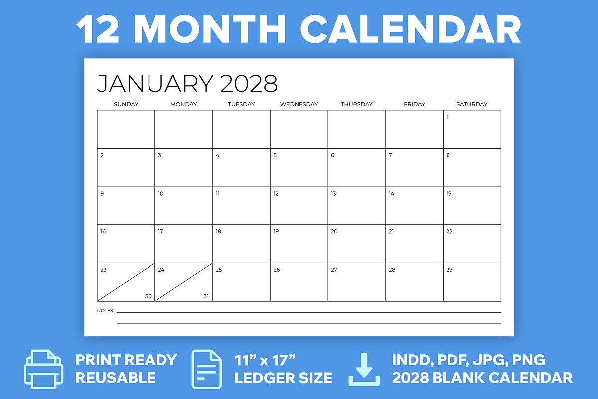 2028 11x17 Inch Calendar Template, a Stationery Template by Running With Foxes (Photo 1 of 5)
