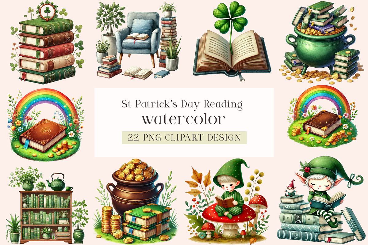 St Patrick's Day Reading Clipart, a Seasonal Illustration by DreamArtGraphic (Photo 1 of 5)