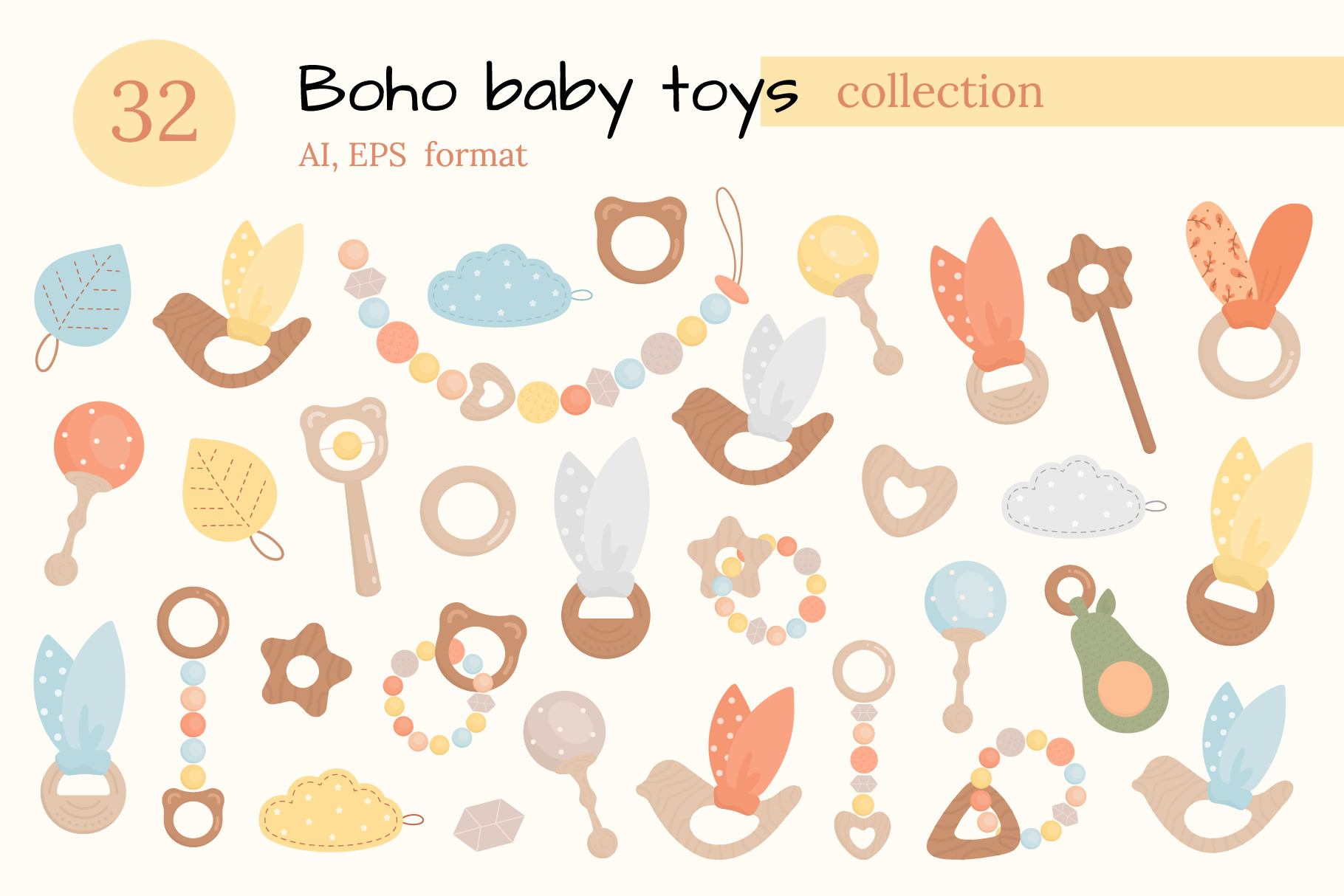 Clip Art Boho Baby Toys Big Set Of Cute Boho Baby Toys