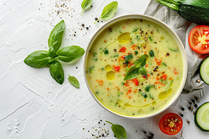 Zucchini cream soup puree in bowl on white background, a Food & Drink Photo by AlyaAnd