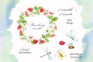 Strawberries Wreath & Insects PNG