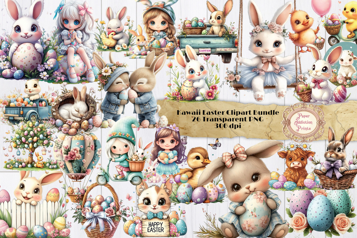 Cute Kawaii Easter Clipart Bundle, a Seasonal Illustration by Paper Addiction Prints (Photo 2 of 3)
