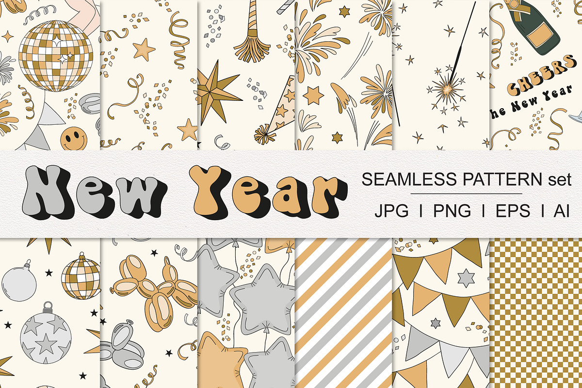 Retro New Year party patterns, a Pattern Graphic by @olga.angelloz (Photo 1 of 2)