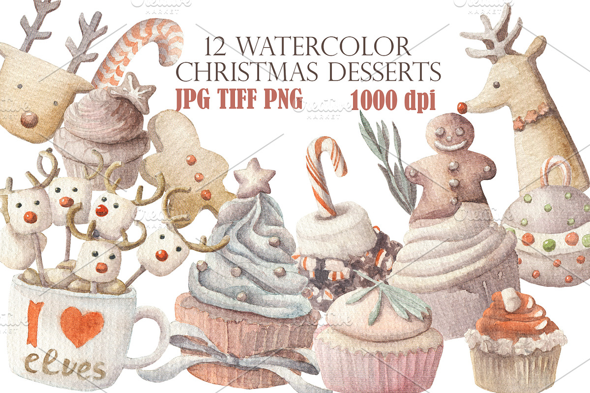 12 Watercolor Christmas desserts set, a Decorative Illustration by My watercolor shop (Photo 1 of 2)