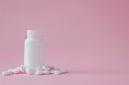 Medicine pills and white plastic bottle on pink background, a Health & Medical Photo by AlyaAnd
