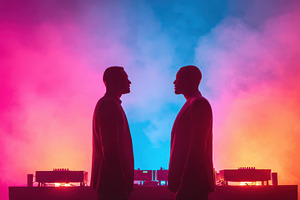 Silhouettes of two DJs in colorful smoke, a Person Photo by AlyaAnd