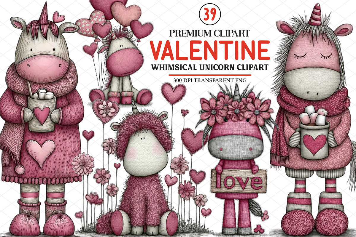 Whimsical Valentine's Unicorn Clipar, an Illustration by cherrydesign (Photo 1 of 4)