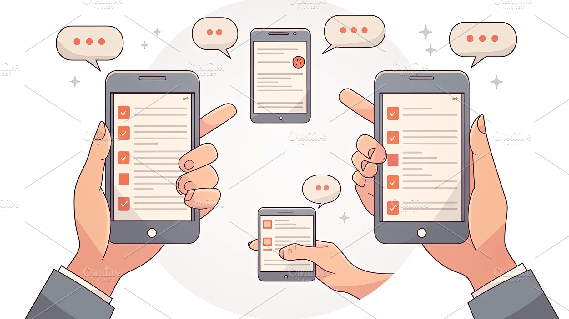 Multiple hands texting on smartphones showing checklists and chat bubbles, a Photo by AS photostudio