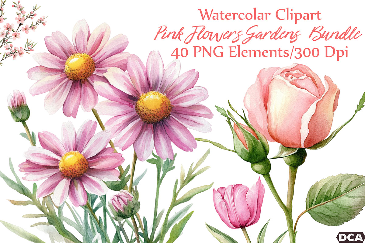 Watercolor Pink Flowers Gardens Clip, an Illustration by DreamCafeArt (Photo 1 of 7)