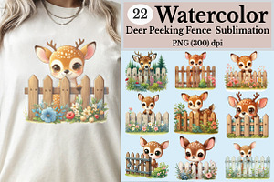Watercolor Deer Peeking Fence Clipar, an Illustration by Rose Art