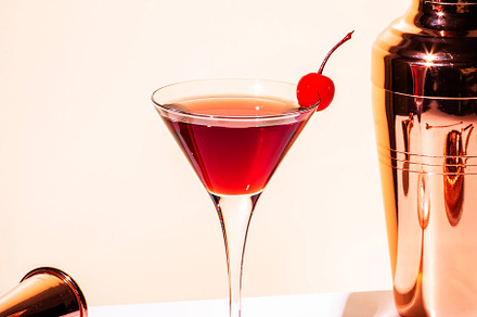 Black Manhattan alcoholic cocktail with whiskey and red vermouth