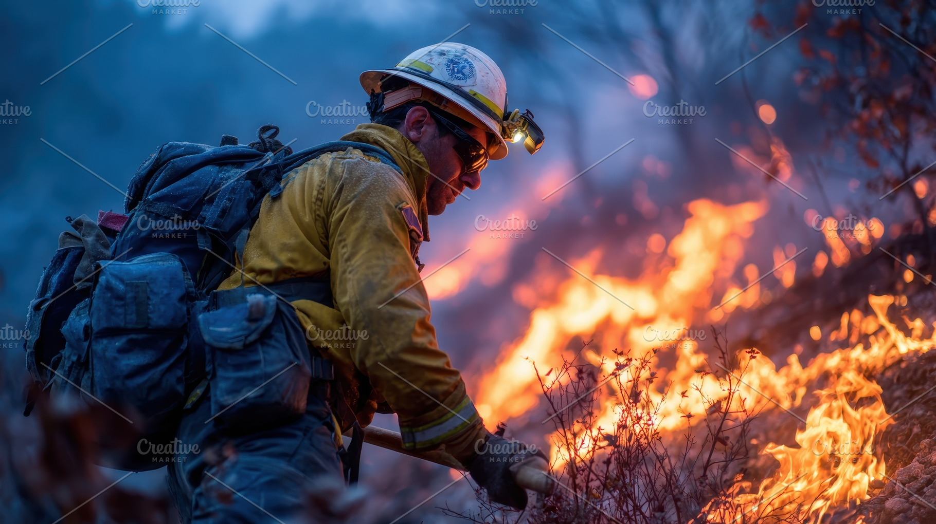 Firefighter battling wildfire courag, a Photo by Pixeness Studio