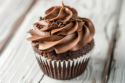 Chocolate cupcake with whipped cream on wooden table, a Food & Drink Photo by AlyaAnd