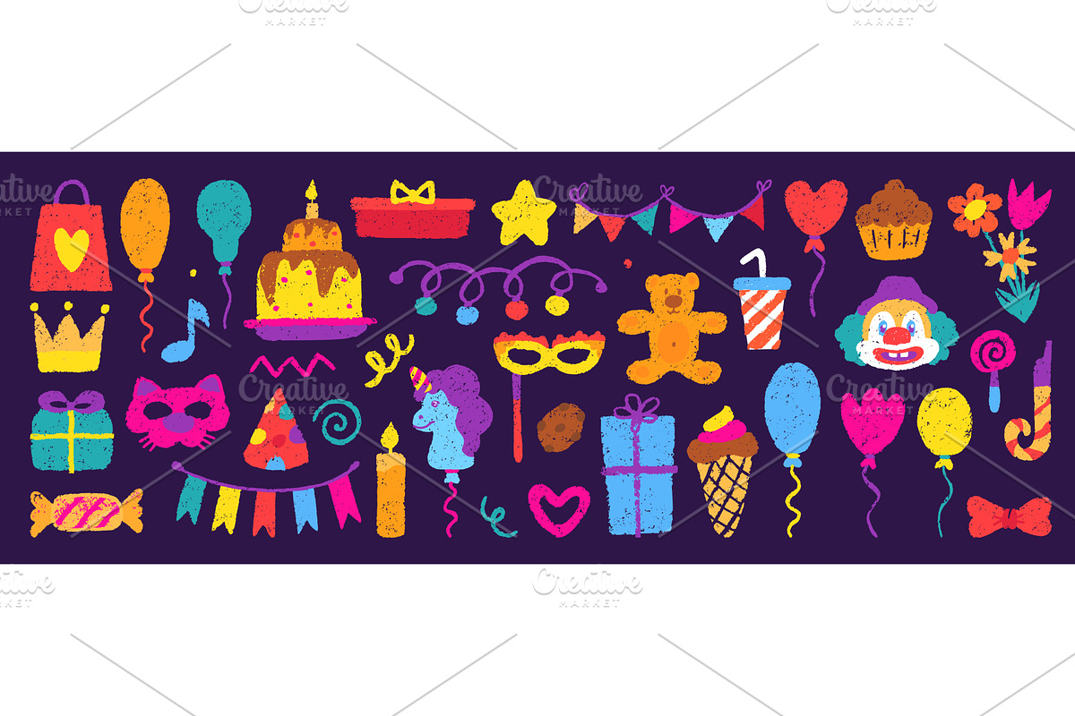 Birthday crayon drawn elements, an Object Illustration by Valerie Bodnar