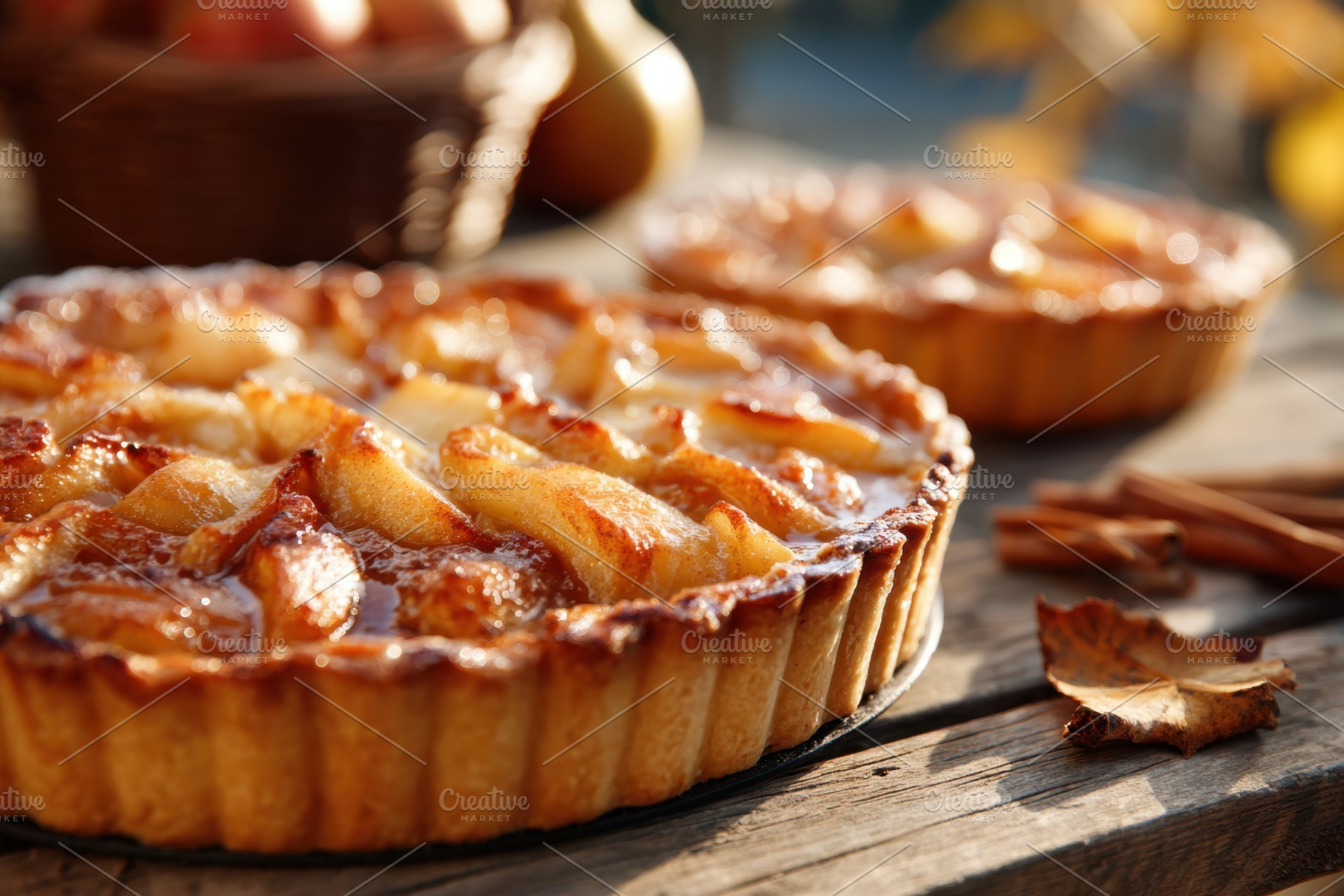 A freshly baked apple pie with a golden-brown lattice crust, placed on a rustic, a Food & Drink Photo by AlyaAnd