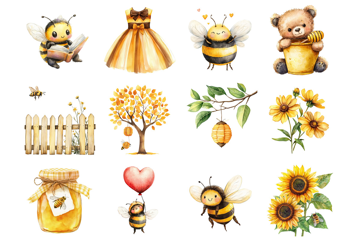 Watercolor Bee and Bear Clipart, a Seasonal Illustration by Design Market (Photo 3 of 4)