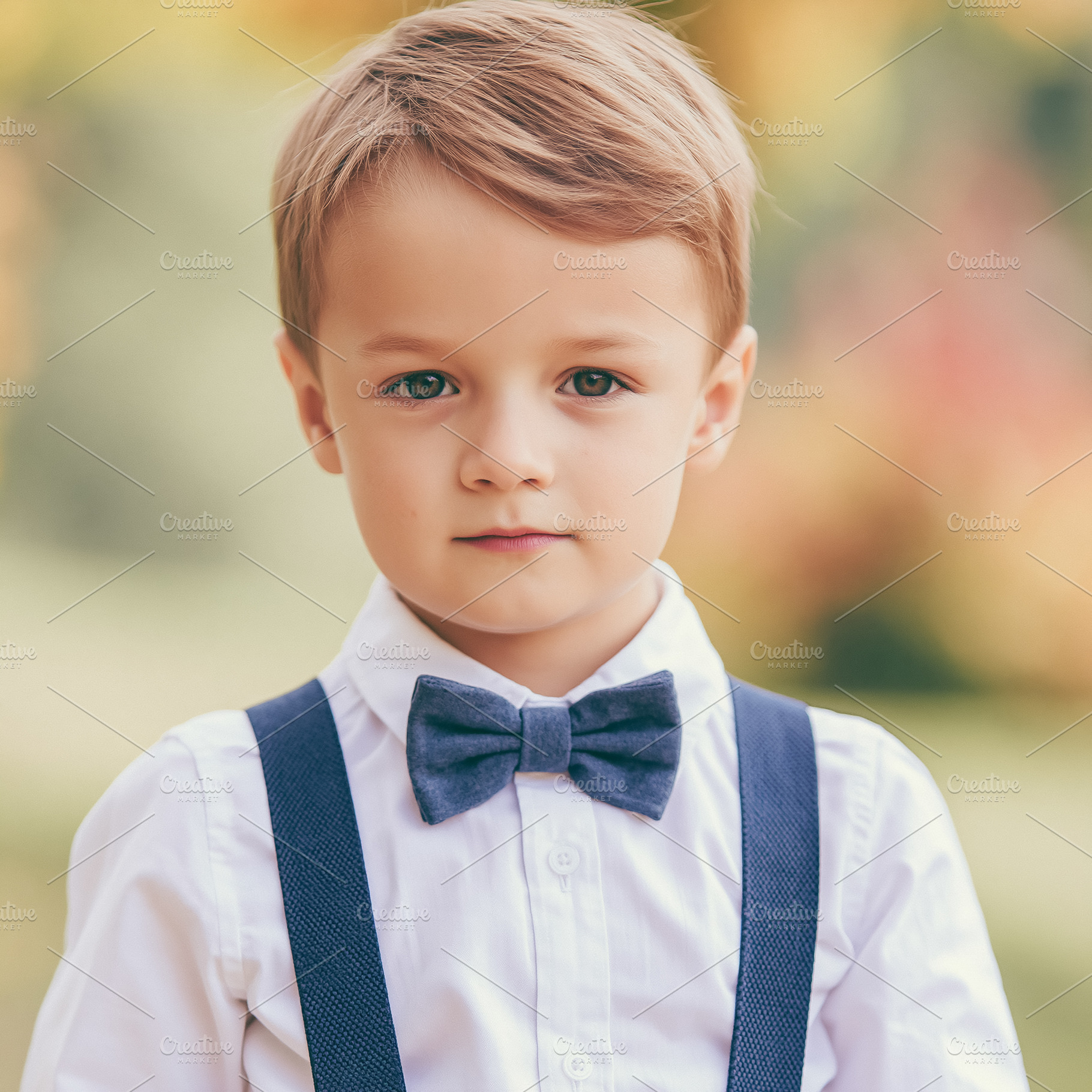 Young boy wearing a bow tie and suspenders, looking at camera wi, a Person Photo by Studio ANNA