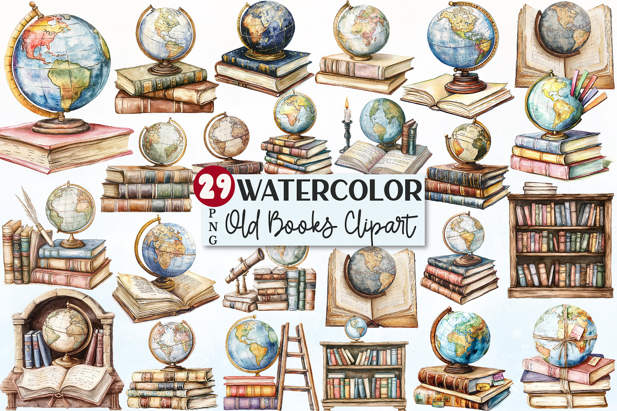 Old Globe on a Pile of Old Books Cli, a Seasonal Illustration by Rose Art (Photo 1 of 4)