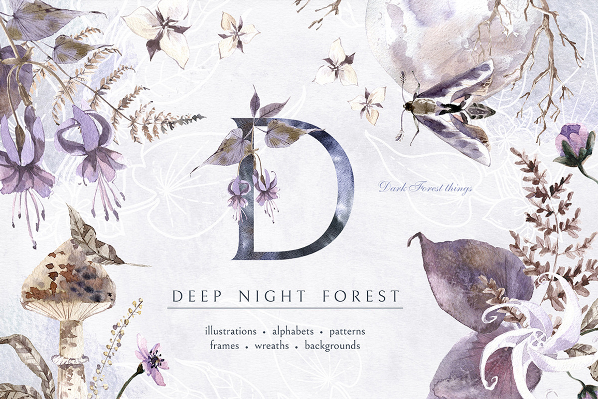Deep Night Forest graphic kit., an Illustration by Dinkoobraz (Photo 1 of 17)