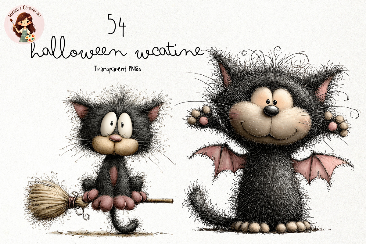 Halloween Cat PNG Clipart Bundle, an Animal Illustration by Nicolle's Colorful Art (Photo 1 of 5)